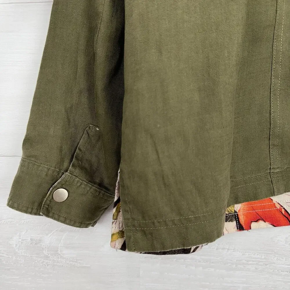 Chico's 100% Linen Jacket Plus Size 20-22‎ Reversible Floral Olive Green Pockets - Picture 8 of 16
